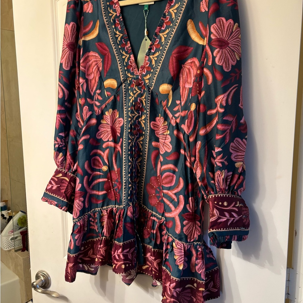 FARM Rio Teal Mini Dress with Pink and Gold Floral Embroidery